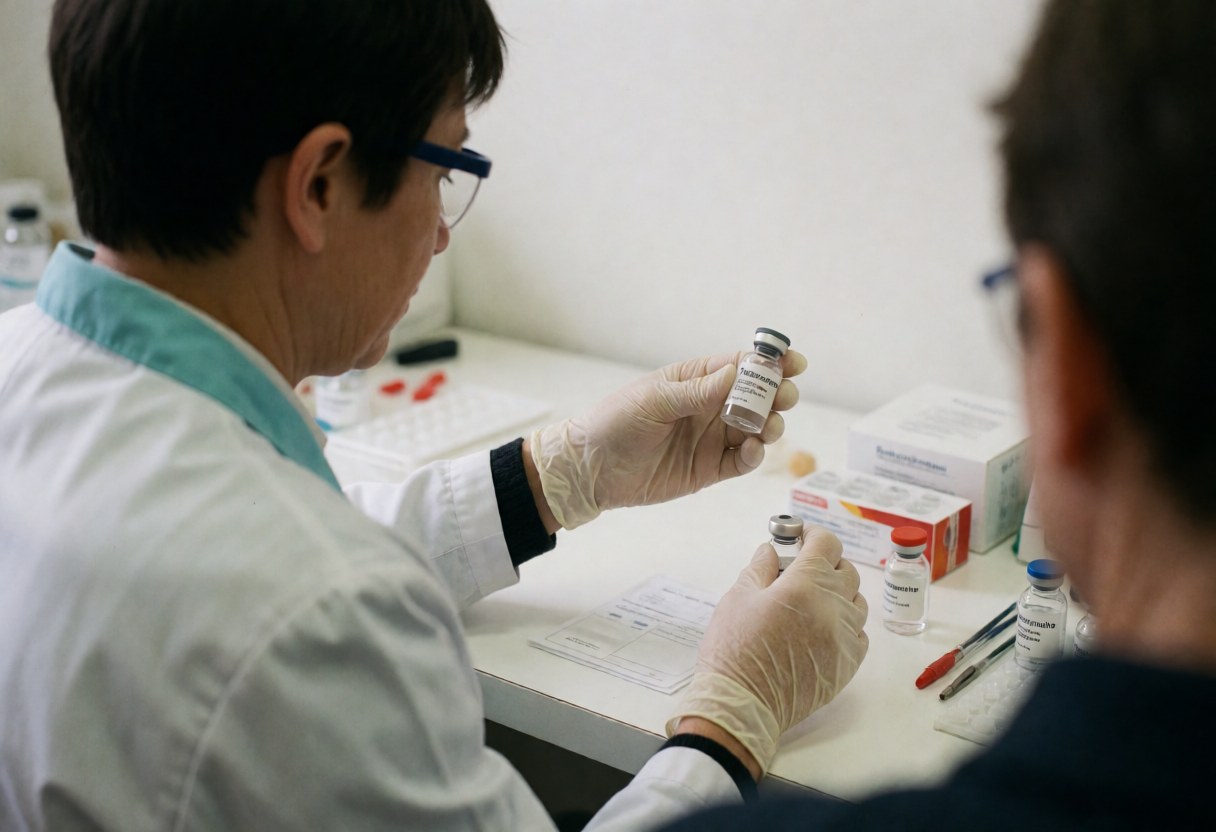 A clinical technician wearing gloves checks a vial in a laboratory setting, demonstrating laboratory analysis services.
