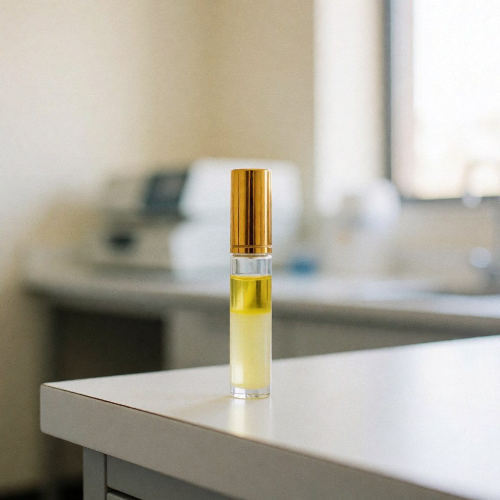 Yellow plasma tube on white table in laboratory with blurred medical equipment background and natural lighting
