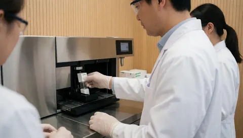 Technician placing a sample into an automated analysis machine in a clinical laboratory setting with light wood walls and professional equipment.