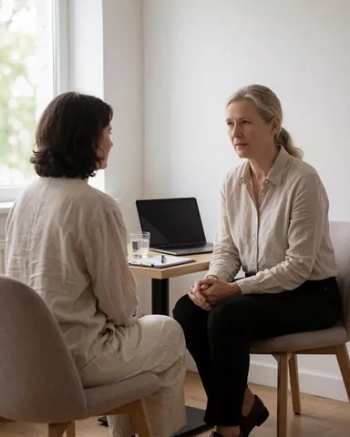 A professional consultation scene featuring a laptop and a glass of water on a desk, set in a modern office with white walls and fabric chairs.