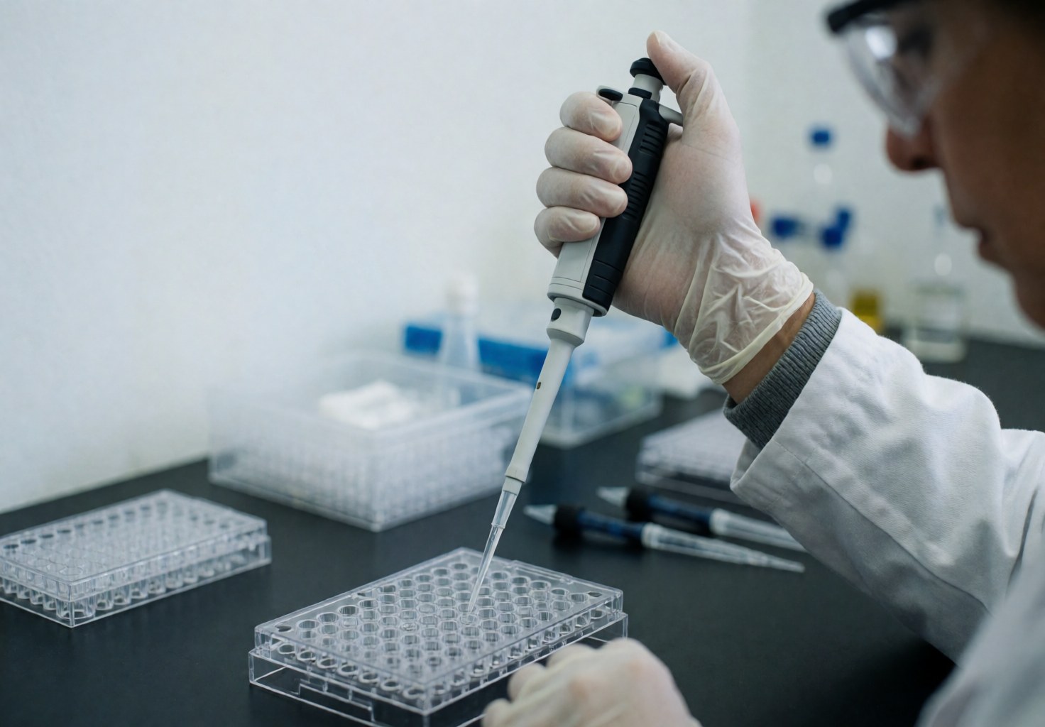 Technician dispensing liquid into a microplate with a micropipette for medical lab analysis