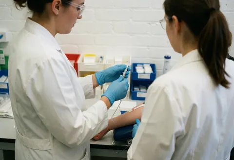 Healthcare worker in gloves uses tourniquet and needle to collect blood sample from patient's arm in clinical setting with white brick wall background