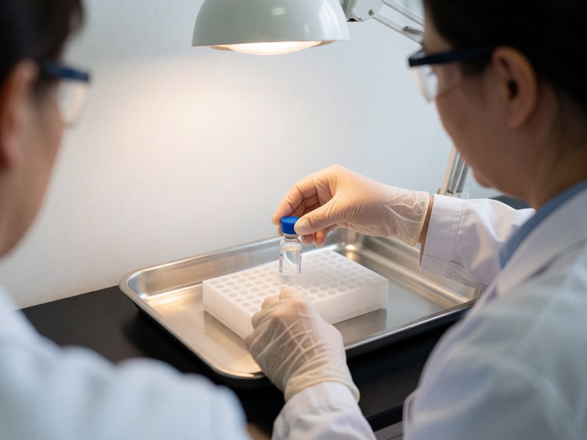 A technician places a sample into a sterile rack on a stainless steel tray under bright work lighting in a clinical laboratory setting.