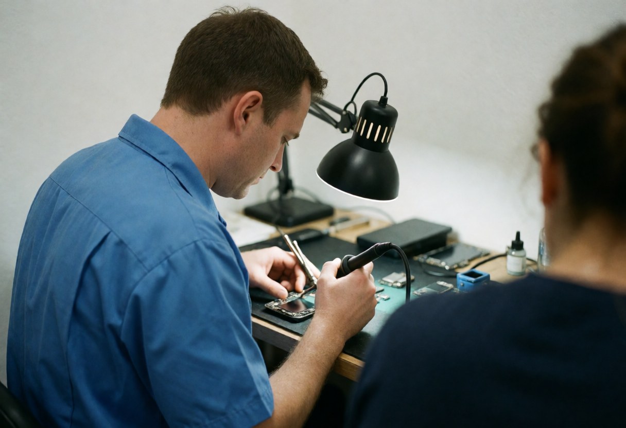 Close-up of technician using soldering iron on phone circuit board at clean white workbench