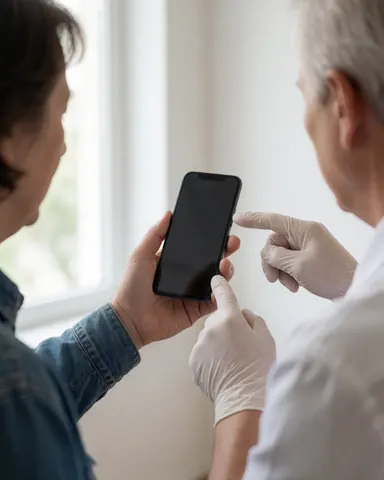 A technician wearing protective gloves examines a black smartphone held by a customer against a white wall with natural light.
