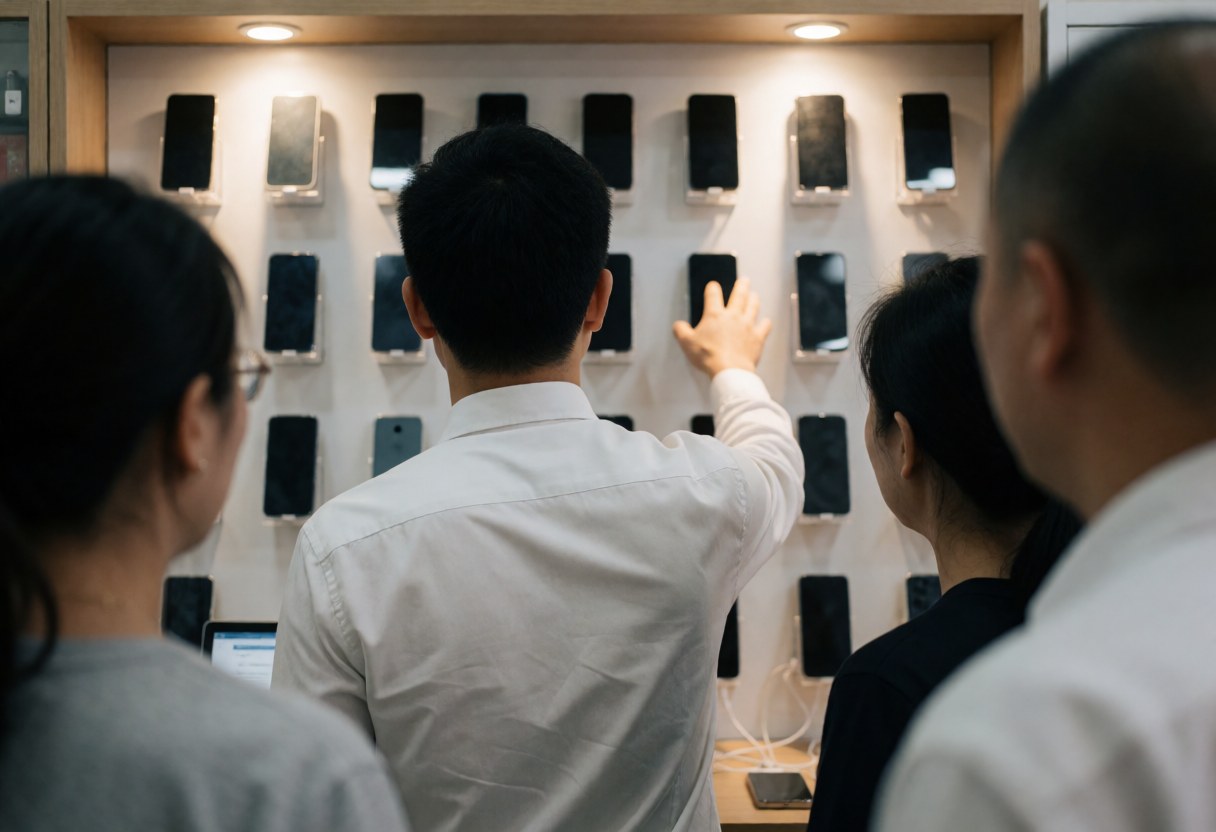 Salesperson pointing at a mobile phone model on a lit wall while customers observe in a tech store