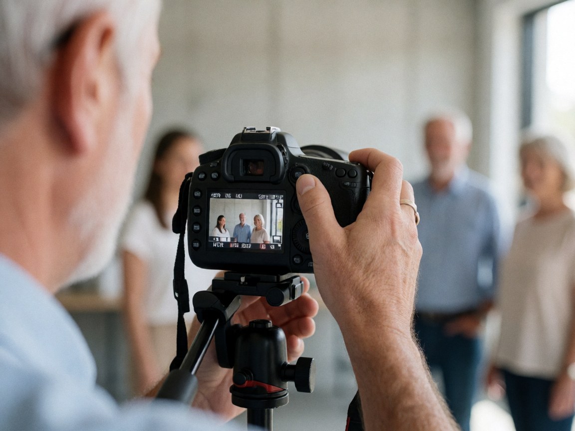 Close-up of a hand pressing the shutter button on a dslr camera mounted on a tripod in a studio with concrete walls