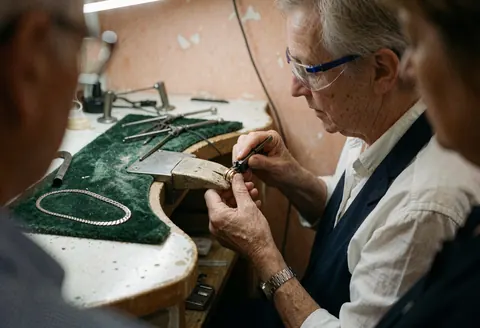 A jeweler wearing safety glasses adjusts a gold ring with a manual tool on a workbench, with a white gold chain on green fabric and terracotta plaster walls.
