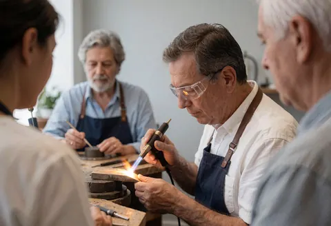 A jeweler wearing safety glasses uses a micro torch on an object in a workshop with light gray walls.