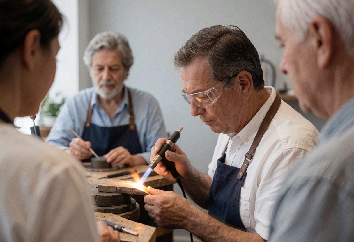 A jeweler wearing safety glasses uses a micro torch on an object in a workshop with light gray walls.