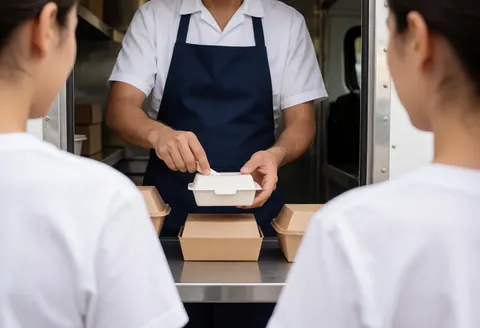 A waiter serving food from a food truck with two customers standing with their backs to the camera during active service.