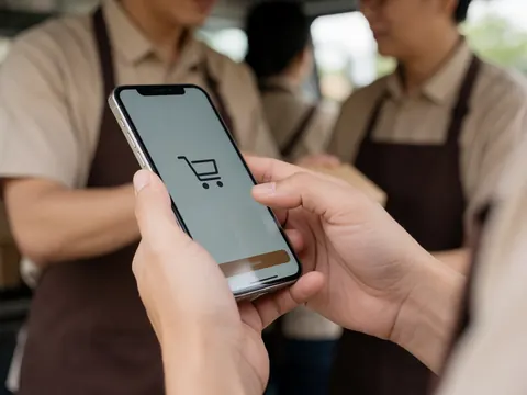 Close-up of hands using a smartphone displaying a shopping cart icon inside a food truck with blurred people in the background