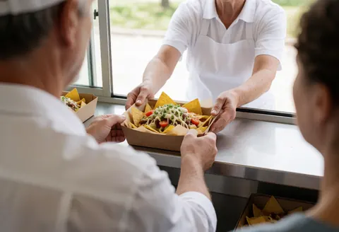 Food truck worker hands a box of nachos to a customer, focusing on hands and food during service.