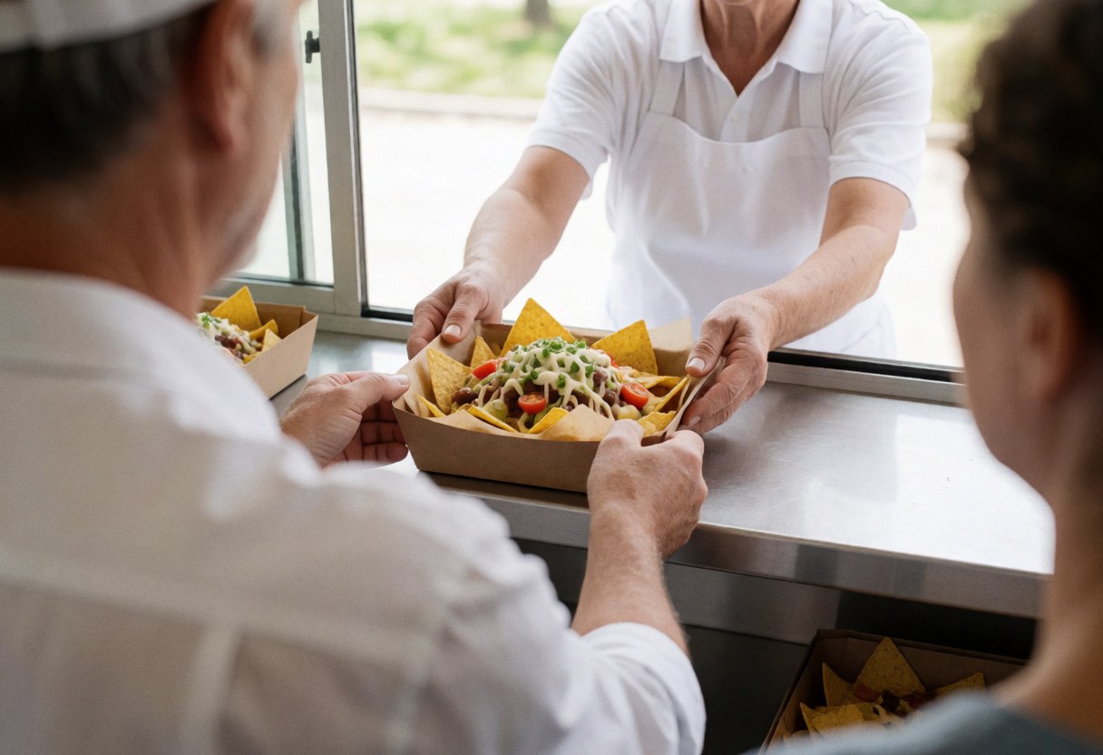 Food truck worker hands a box of nachos to a customer, focusing on hands and food during service.