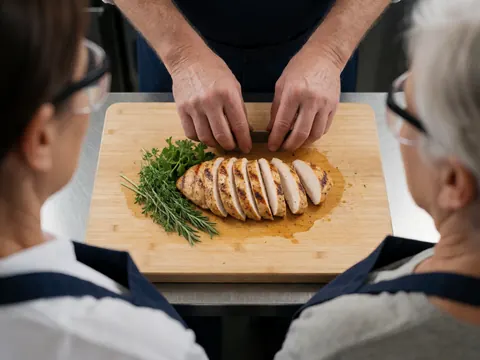 A person slicing roasted chicken with fresh herbs on a wooden board while two customers watch the preparation process inside a food truck.