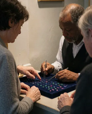 A jeweler uses tweezers to examine gemstones inside a blue display case while customers watch in the jewelry store