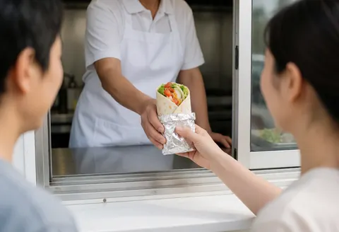 A food truck vendor hands a foil-wrapped burrito to a customer during service