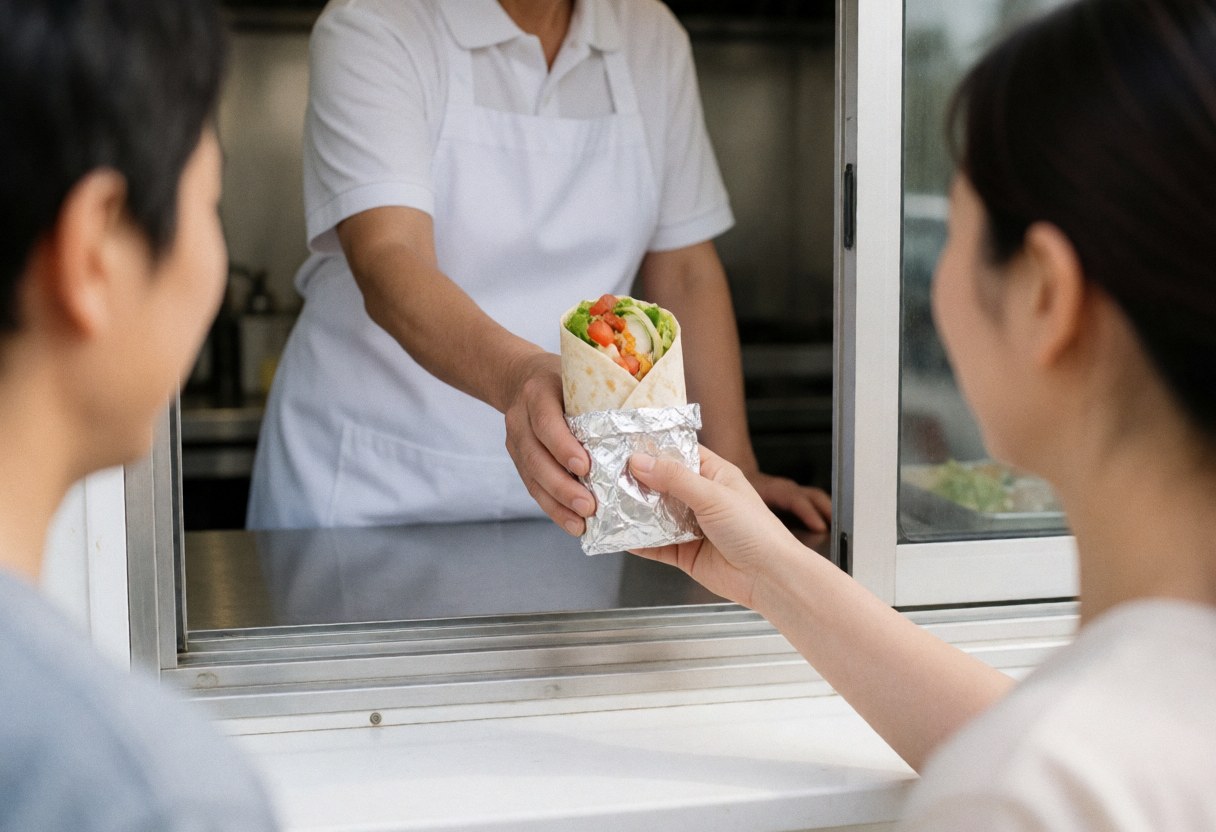 A food truck vendor hands a foil-wrapped burrito to a customer during service
