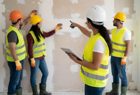 A woman holding a tablet directs a construction team working on a wall during an interior remodeling project.