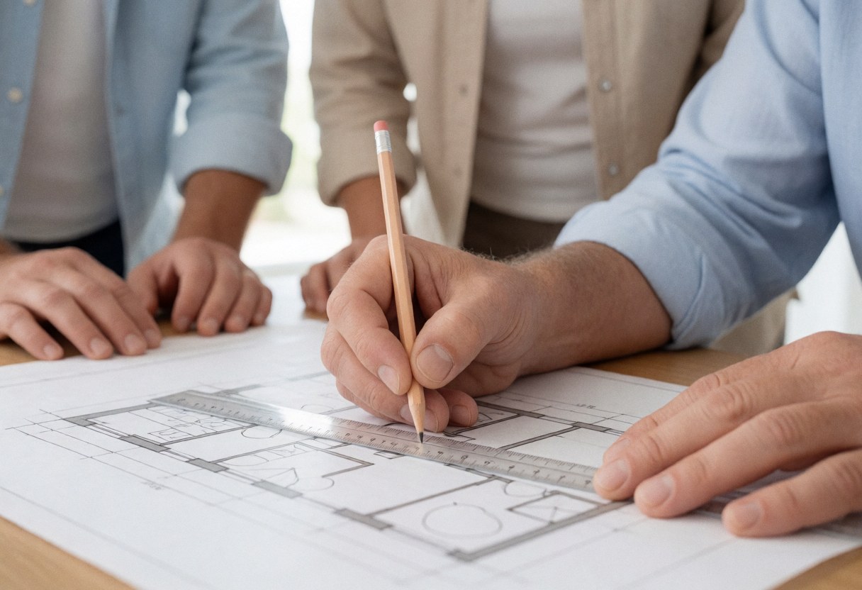 Close-up of an architect's hand using a ruler to draw a line on an architectural blueprint on a light table