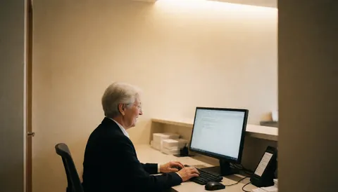 Receptionist seated at a desk using a computer in a clinical laboratory with beige walls and warm lighting.