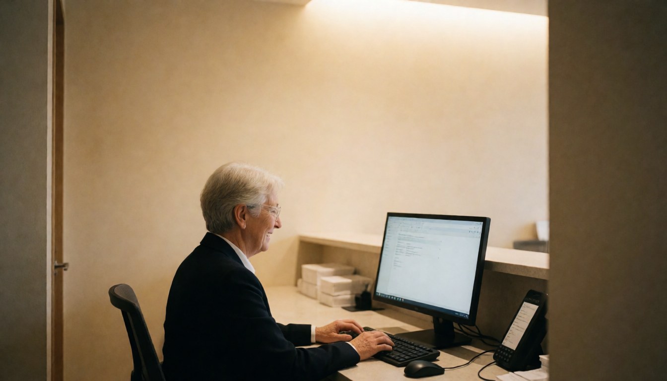 Receptionist seated at a desk using a computer in a clinical laboratory with beige walls and warm lighting.