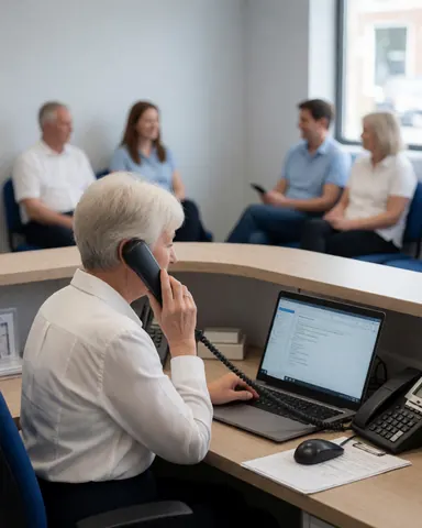 Administrator speaking on phone while working on laptop with clients waiting in background