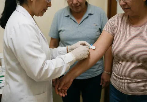 Healthcare worker in white coat and safety gear draws blood from a patient's arm during a clinical procedure
