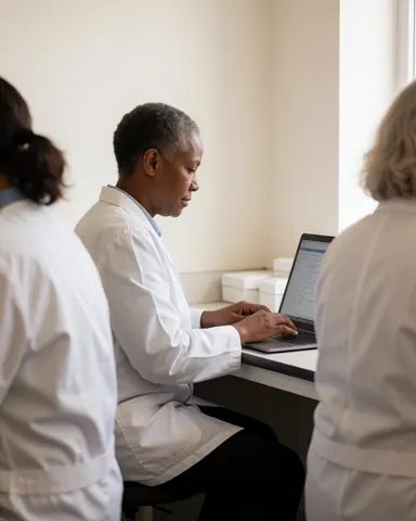 Three scientists in a laboratory with a laptop, one working at a white table, warm walls, professional atmosphere.