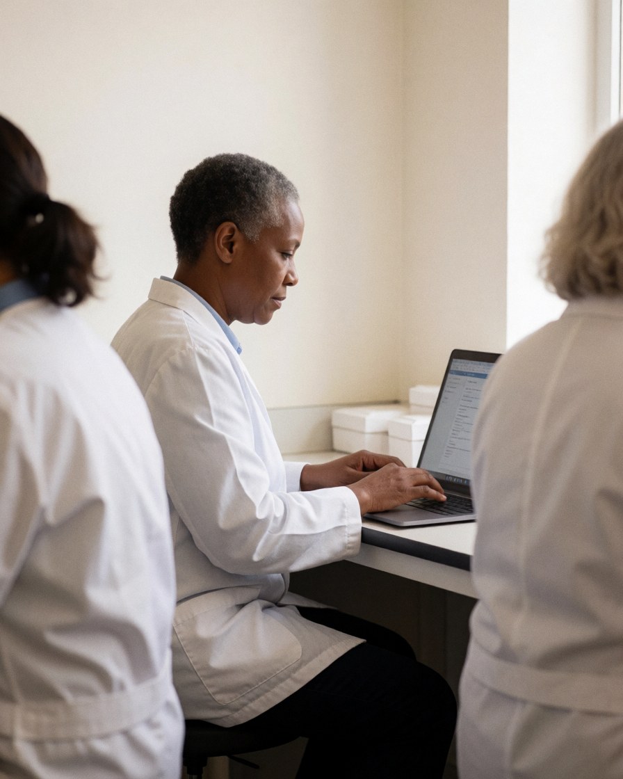 Three scientists in a laboratory with a laptop, one working at a white table, warm walls, professional atmosphere.