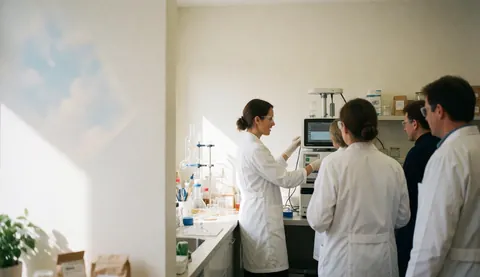 Technician in a white coat operating diagnostic equipment in a clinical laboratory with bright natural light and a sterile surface