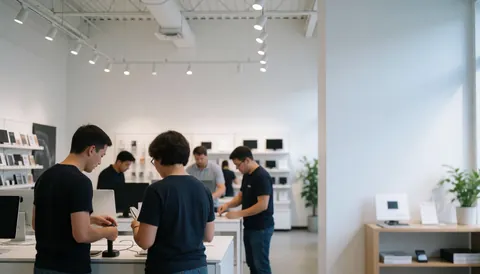 Staff attending to cell phones in a technology store with white walls and shelves, clean and modern space.