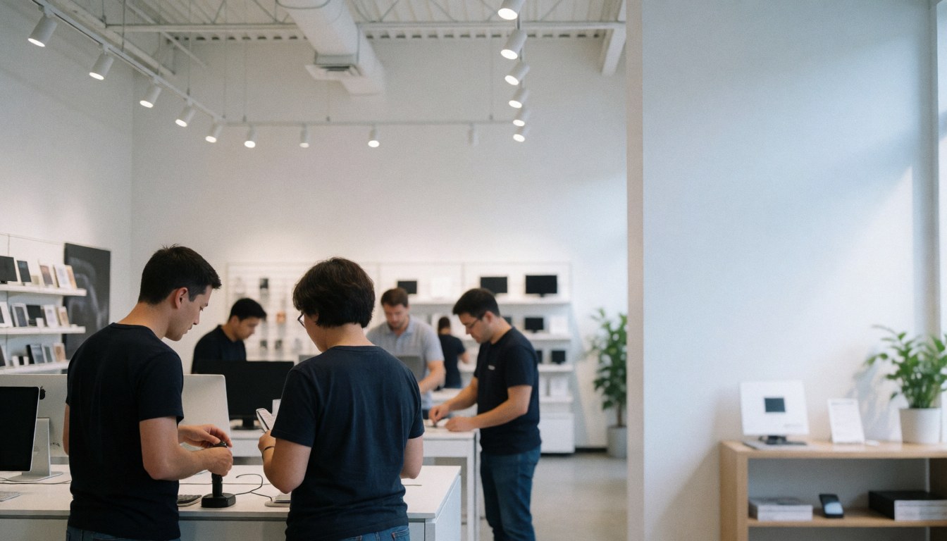 Staff attending to cell phones in a technology store with white walls and shelves, clean and modern space.