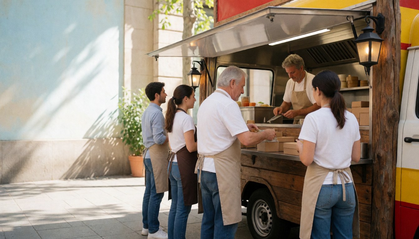 Chef serving tapas at a food truck with hanging lights and customers waiting on a sunny street.