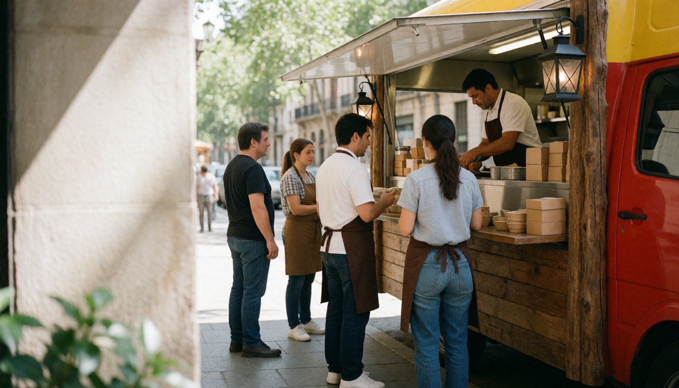 A customer orders food from a wooden food truck with hanging lights on a street while staff attend to them