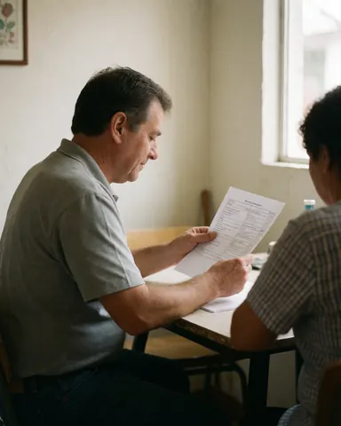 Two individuals examine paperwork together at a wooden table in a bright room with natural light, illustrating an accounting or finance setting.
