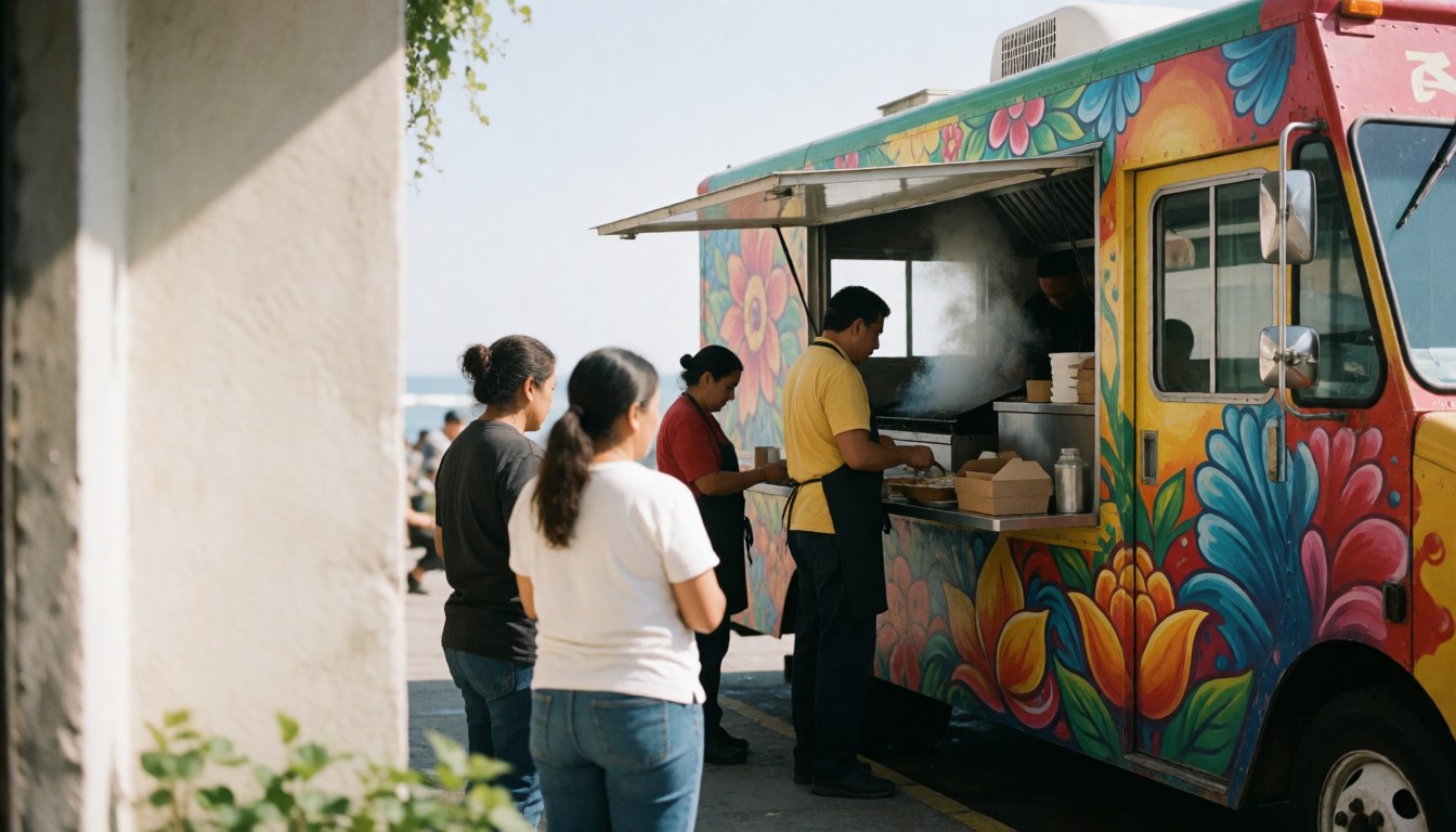 Chef preparing food in a colorful Mexican food truck with mural, customers wait on a sunny coastal street.