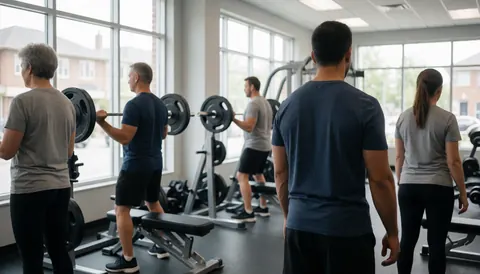 Five individuals are exercising with dumbbells in a modern gym featuring large windows and dark flooring.