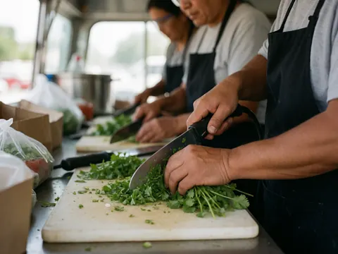 Chef hands slicing fresh cilantro on a cutting board inside a food truck, preparing ingredients for street food service.
