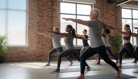 Adults practicing yoga warrior pose in a gym with brick walls and large windows