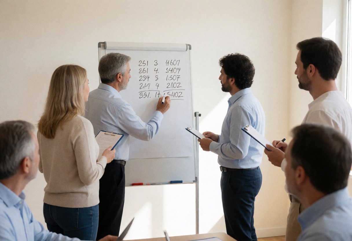 Team of accountants analyzing financial figures written on a whiteboard in a bright meeting room with natural light