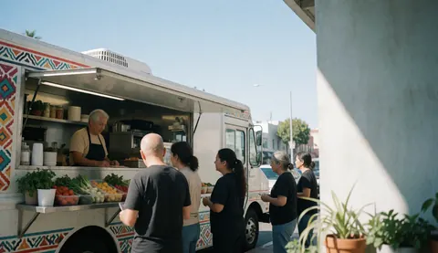 A food truck with customers waiting, showing fresh vegetables on its counter, in a sunny urban courtyard.
