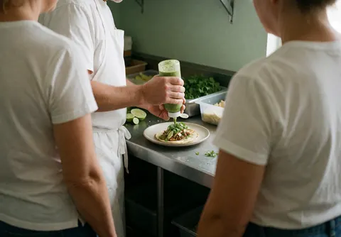 A chef preparing a taco with green salsa at a food truck stand, featuring fresh ingredients and a pale green wall.