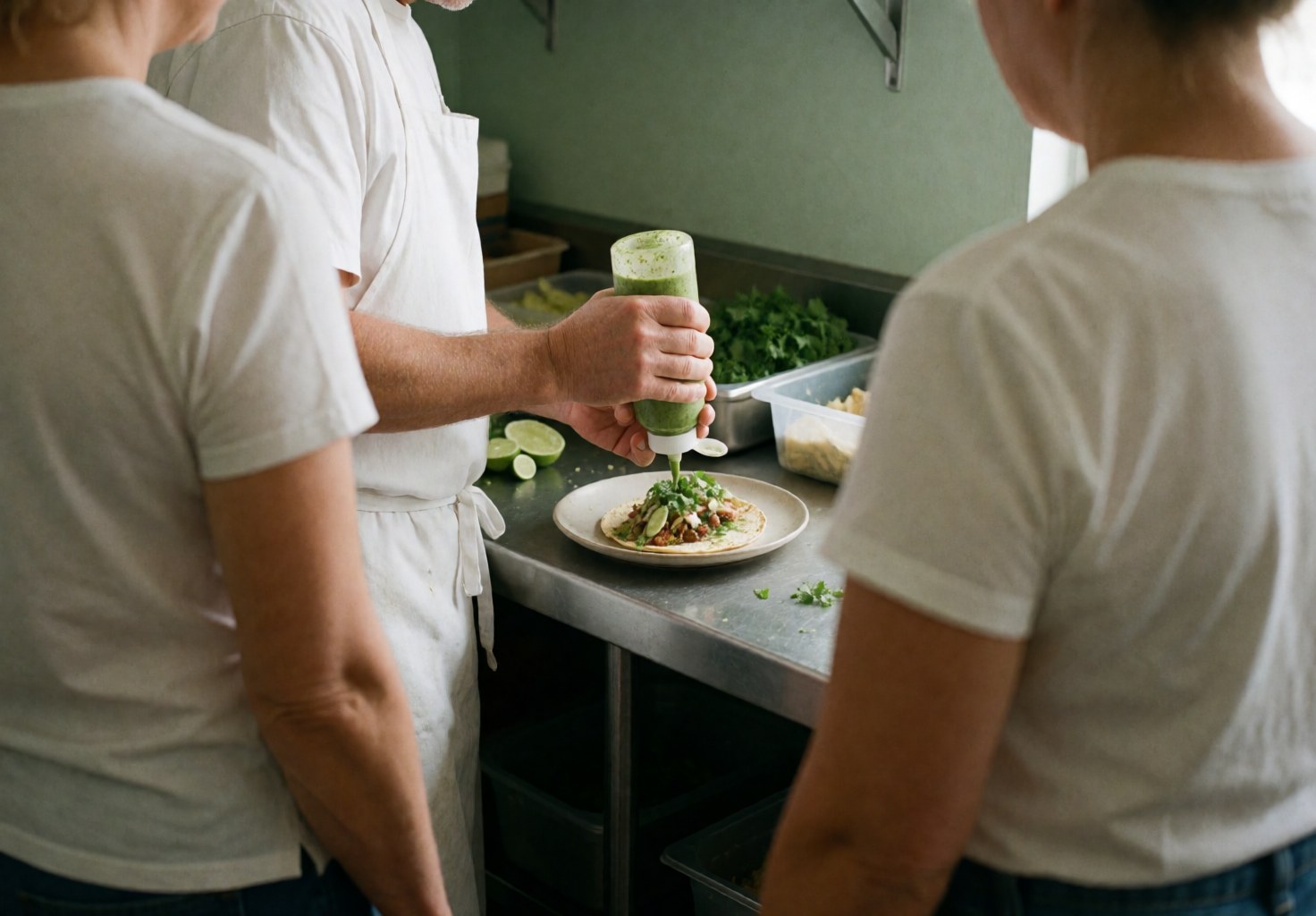 A chef preparing a taco with green salsa at a food truck stand, featuring fresh ingredients and a pale green wall.