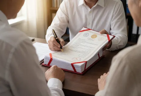 A professional signs accounting documents on a wooden desk with a pen and stamps visible in natural light