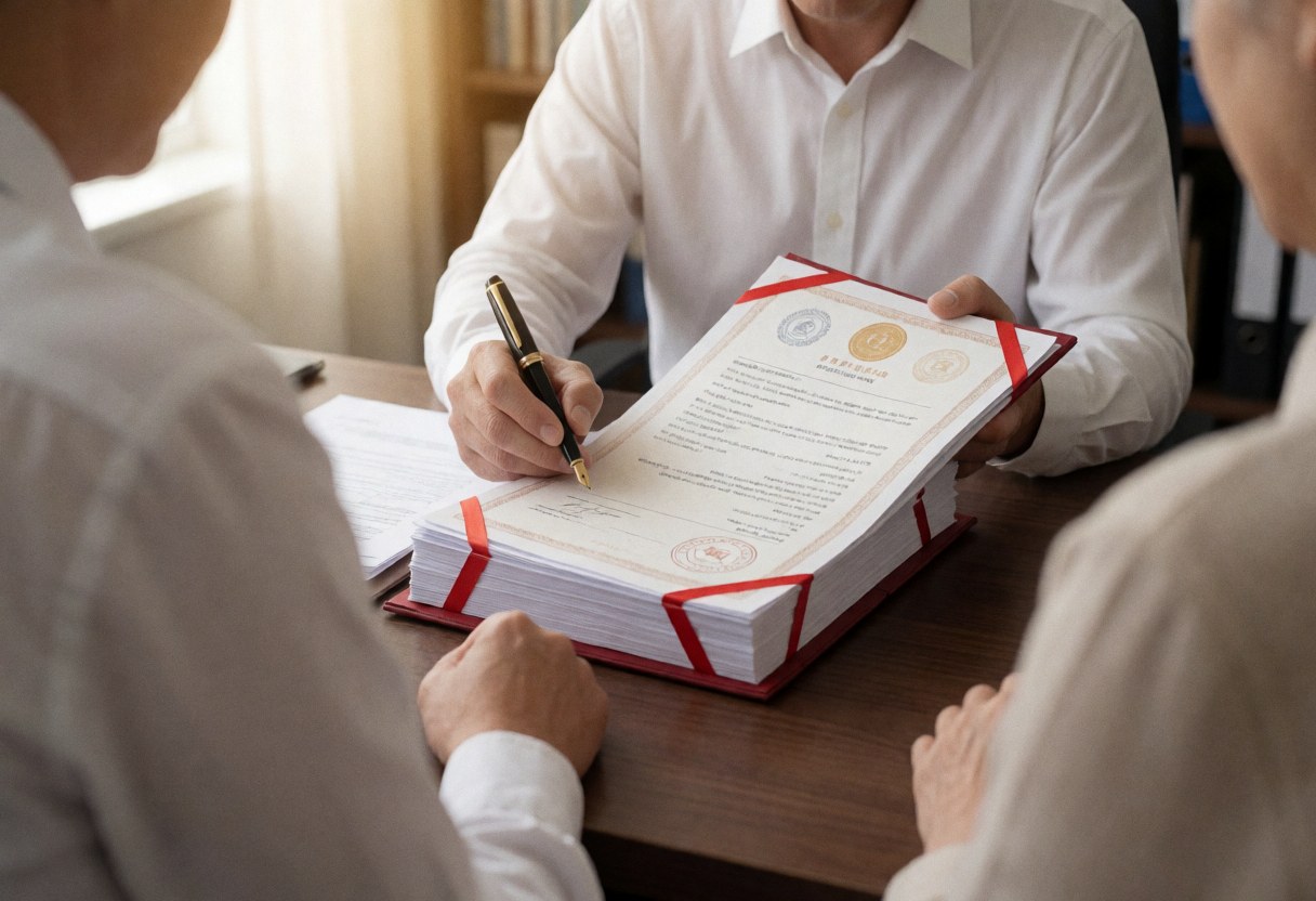 A professional signs accounting documents on a wooden desk with a pen and stamps visible in natural light