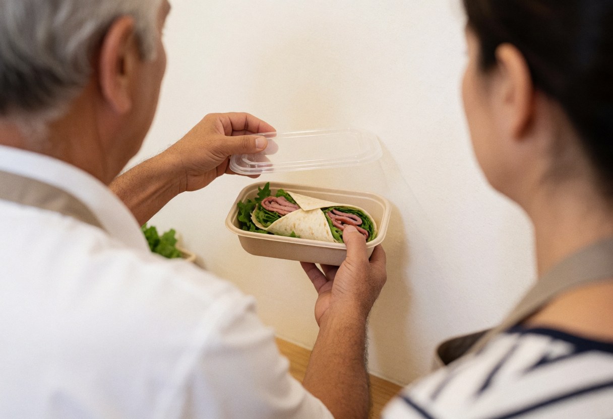 A worker places a lid on a food container against a white wall during service