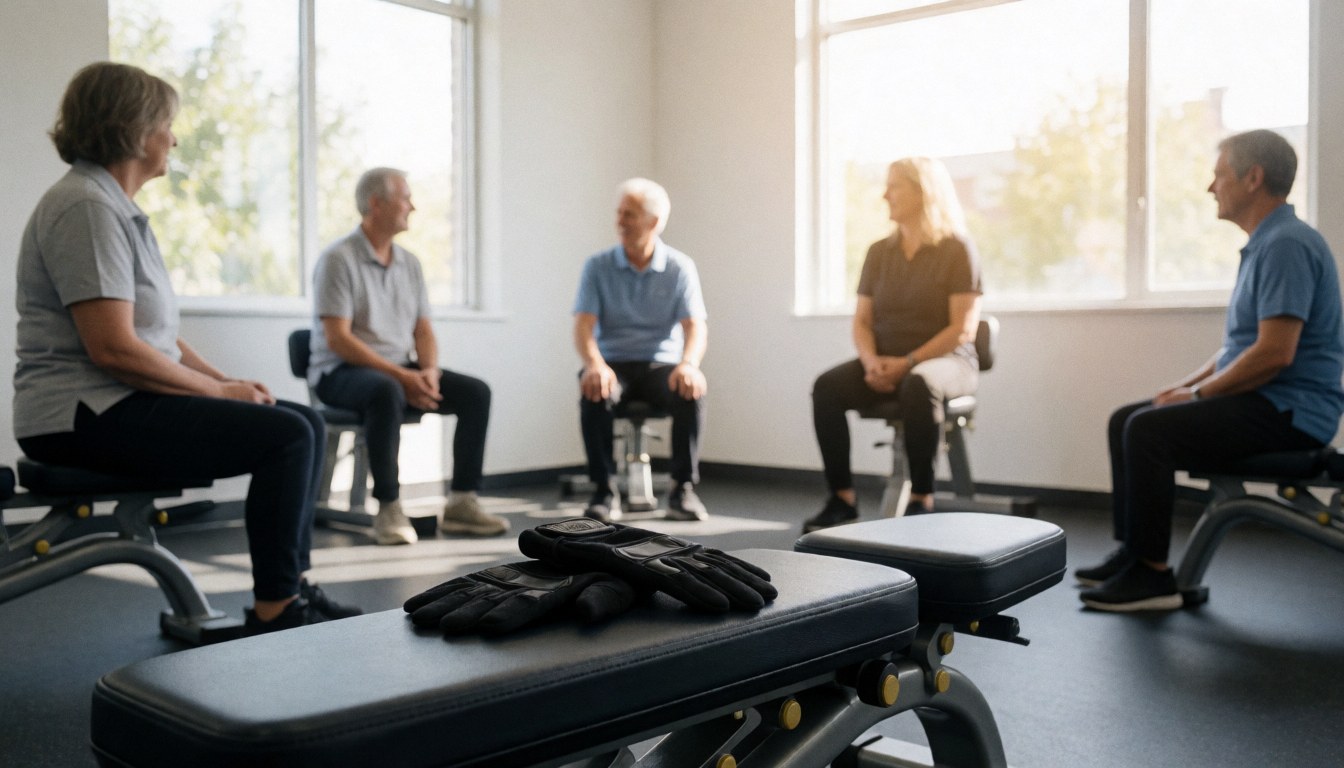 Close-up of training gloves on a gym bench with older adults seated in the background near bright windows.