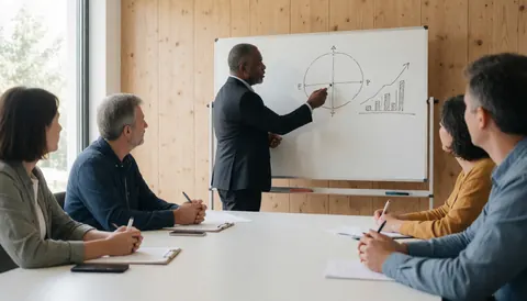 Professional accountant presenting financial diagrams on a whiteboard in a natural light office with wooden walls.
