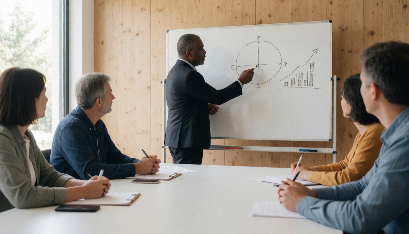 Professional accountant presenting financial diagrams on a whiteboard in a natural light office with wooden walls.